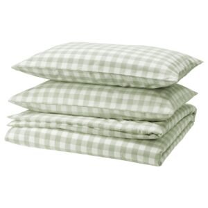 EKTANDVINGE Duvet cover and 2 pillowcases - pale grey-green white/check 240x220/50x80 cm (94x87/20x31 ")