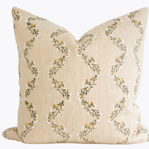 Indian Block Print Pillow Cover - Faded Gold, Olive, Ivory Scallop