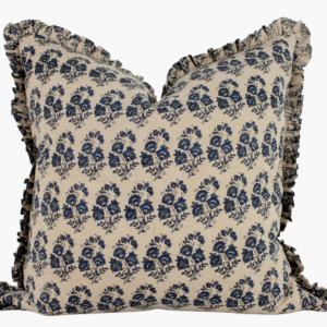 Ruffle Edge Indian Block Print Pillow Cover - Sandy Beige and Indigo